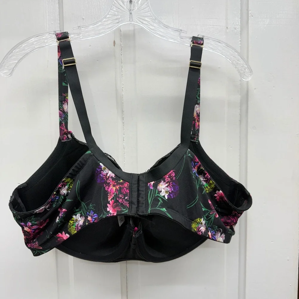 Cacique Boost Balconette Bra 44DD Black Floral Lace Underwire Molded Cup